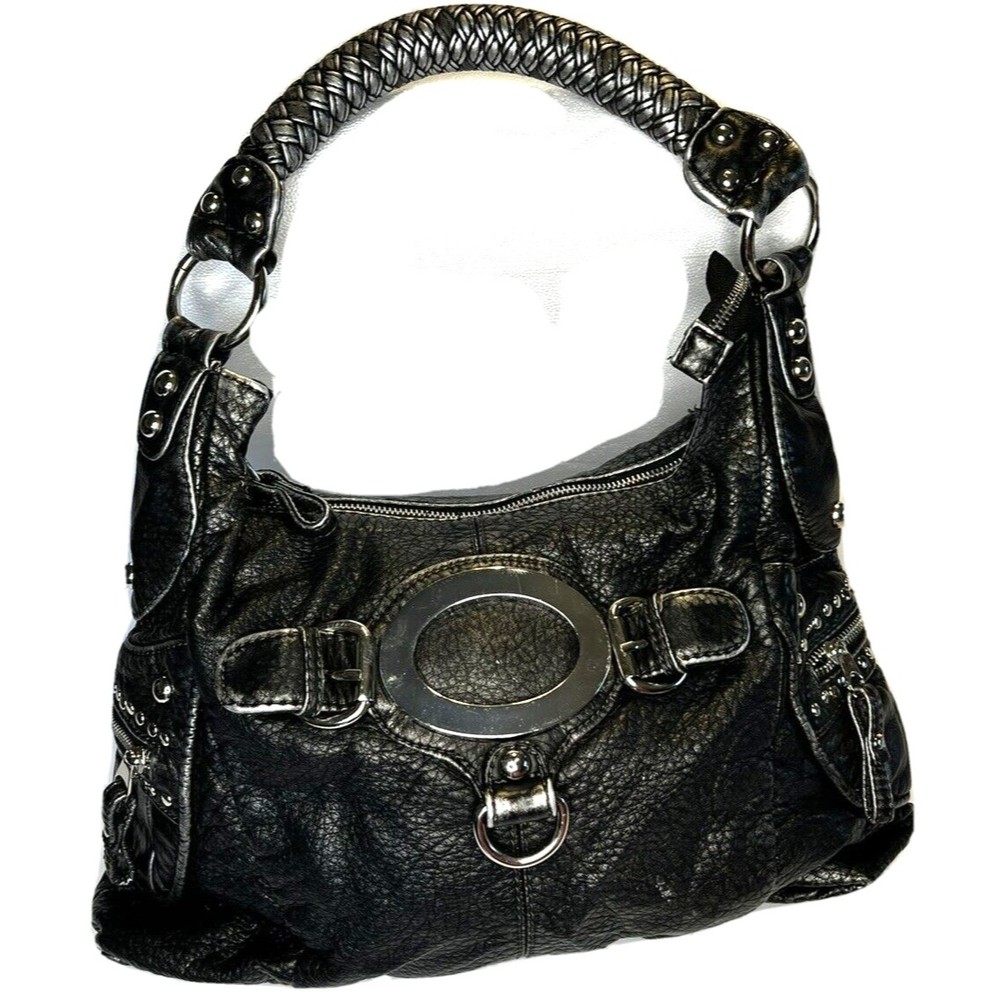 Wilson's Black Rivet Black Gray Leather Shoulder Purse Silver Hardware & Beads
